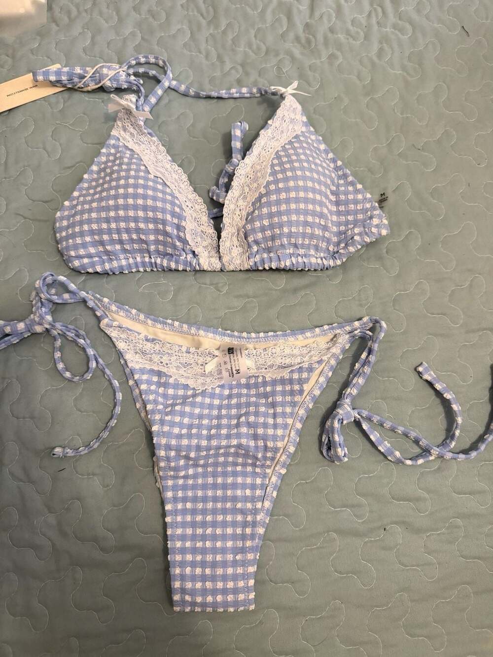 Gingham Textured Lace Bowknot Halter Triangle Tie Side Bikini,